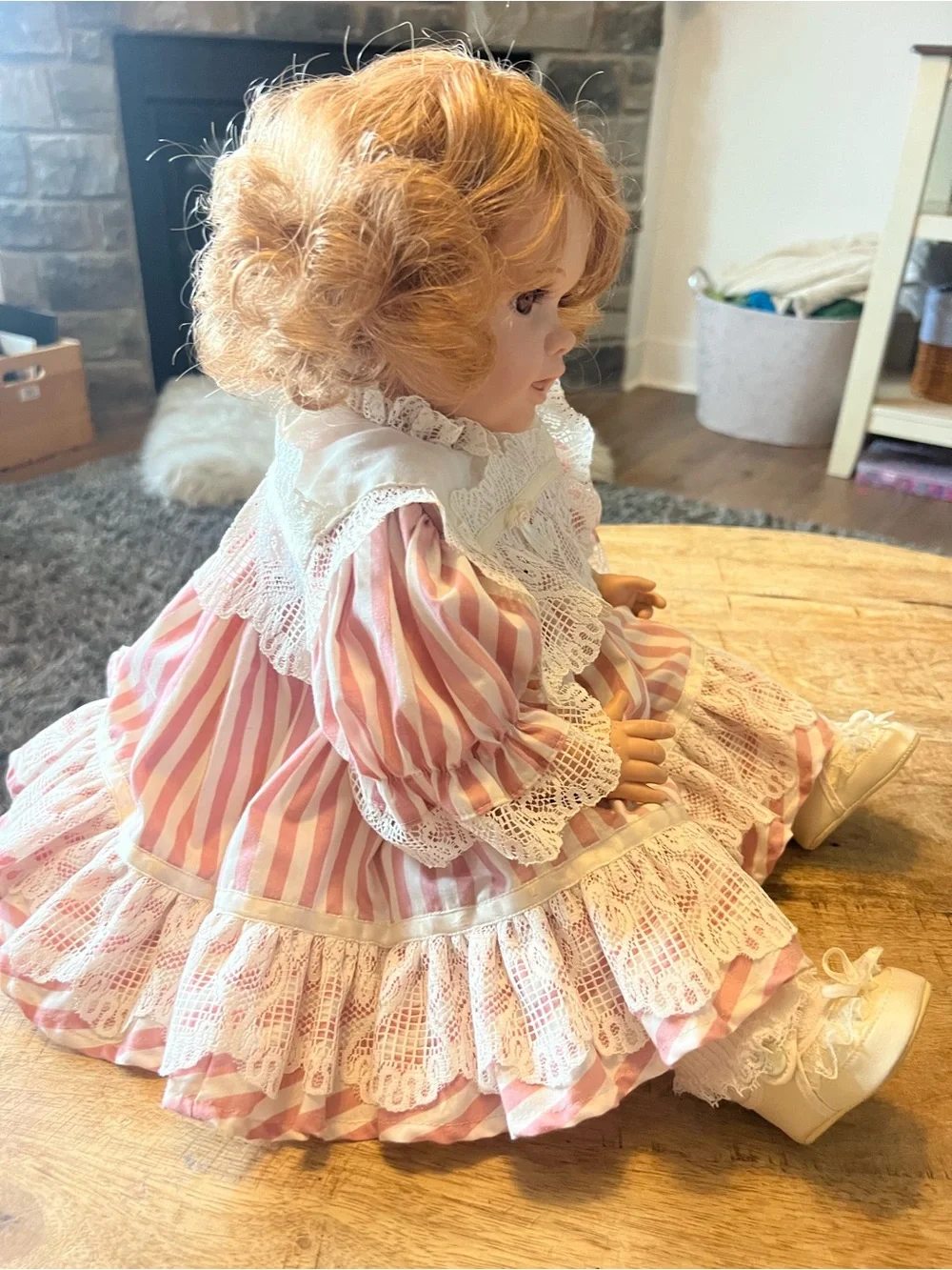 Dolls by Jerri 1990 Baby Doll in Pink & White Striped Lace Dress 20”